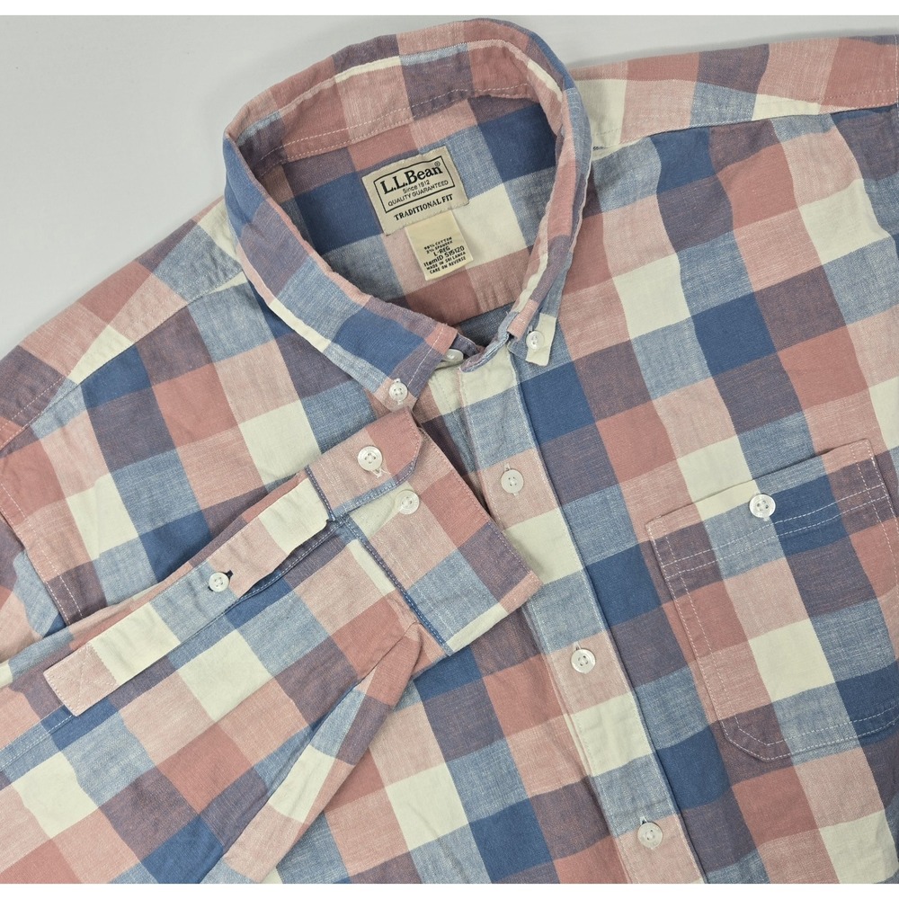 LL Bean Shirt Mens L Long Sleeve Button Down Traditional Fit Stretch Plaid Pink